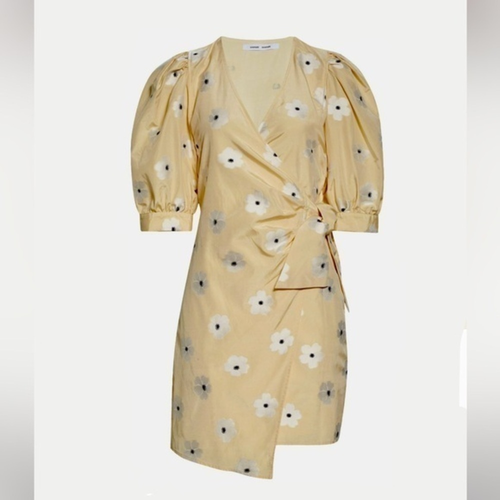 Samsoe Samsoe Celestine Floral Wrap Puff Sleeve Dress Silk Butter Yellow Small